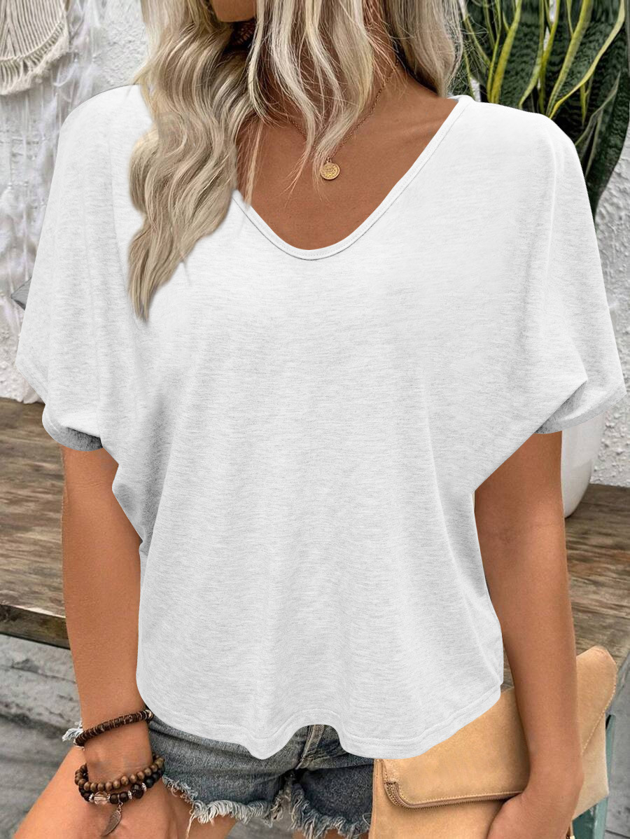 Women's Ruched V-Neck Short Sleeve T-Shirt Candy Color Loose Casual