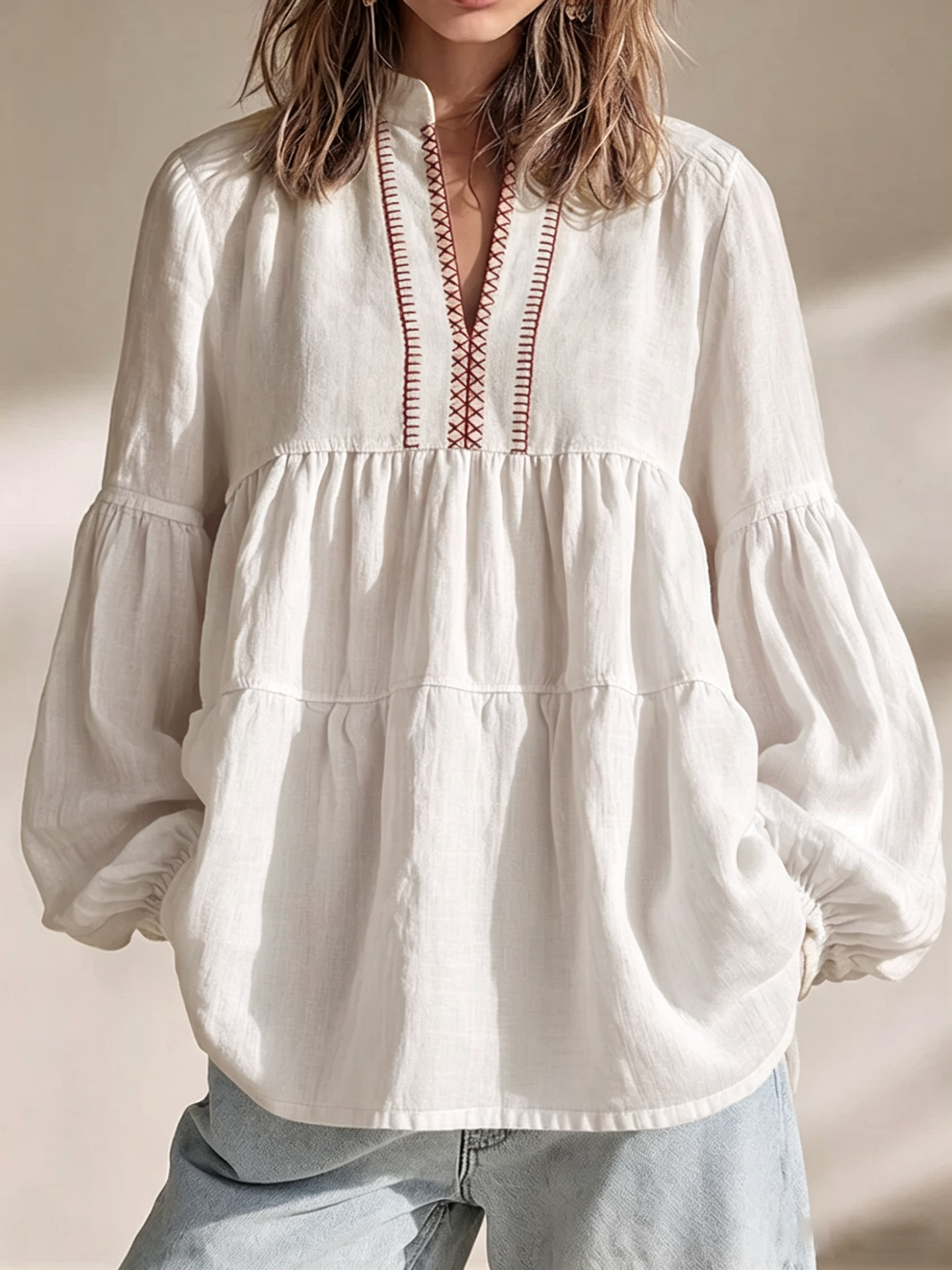 Boho Floral Print Stand Collar Pleated Loose Long Sleeve Top