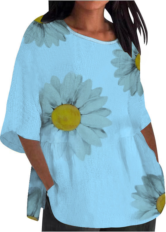 Chrysanthemum Print Round Neck 3/4 Sleeve T-Shirt for Women