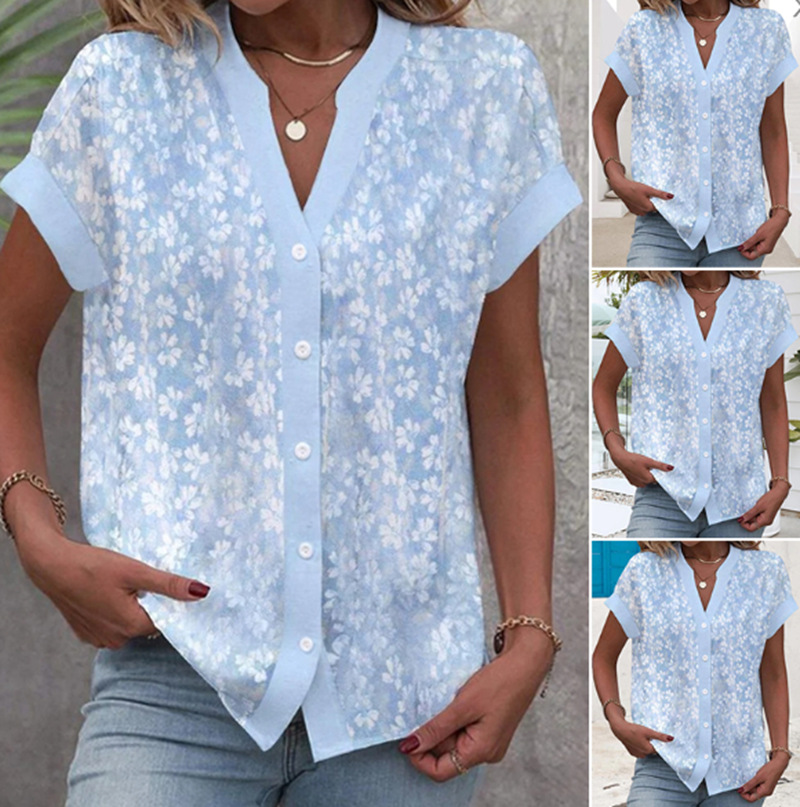 Floral Print V-Neck Short Sleeve Button Top