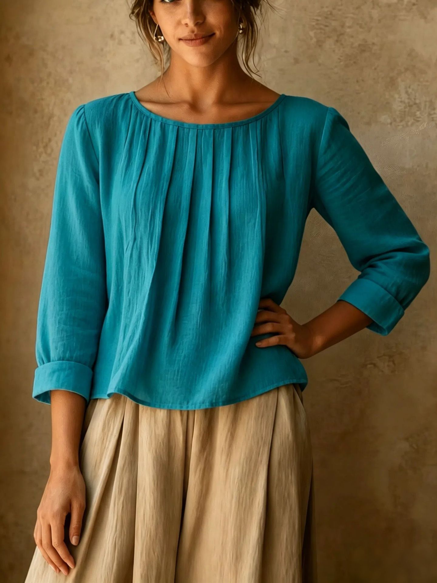 2026 New Cross-Border Summer Women's Cotton-Linen Top Loose Slimming Pleated Round Neck Eight-Sleeve Shirt Solid Color Casual