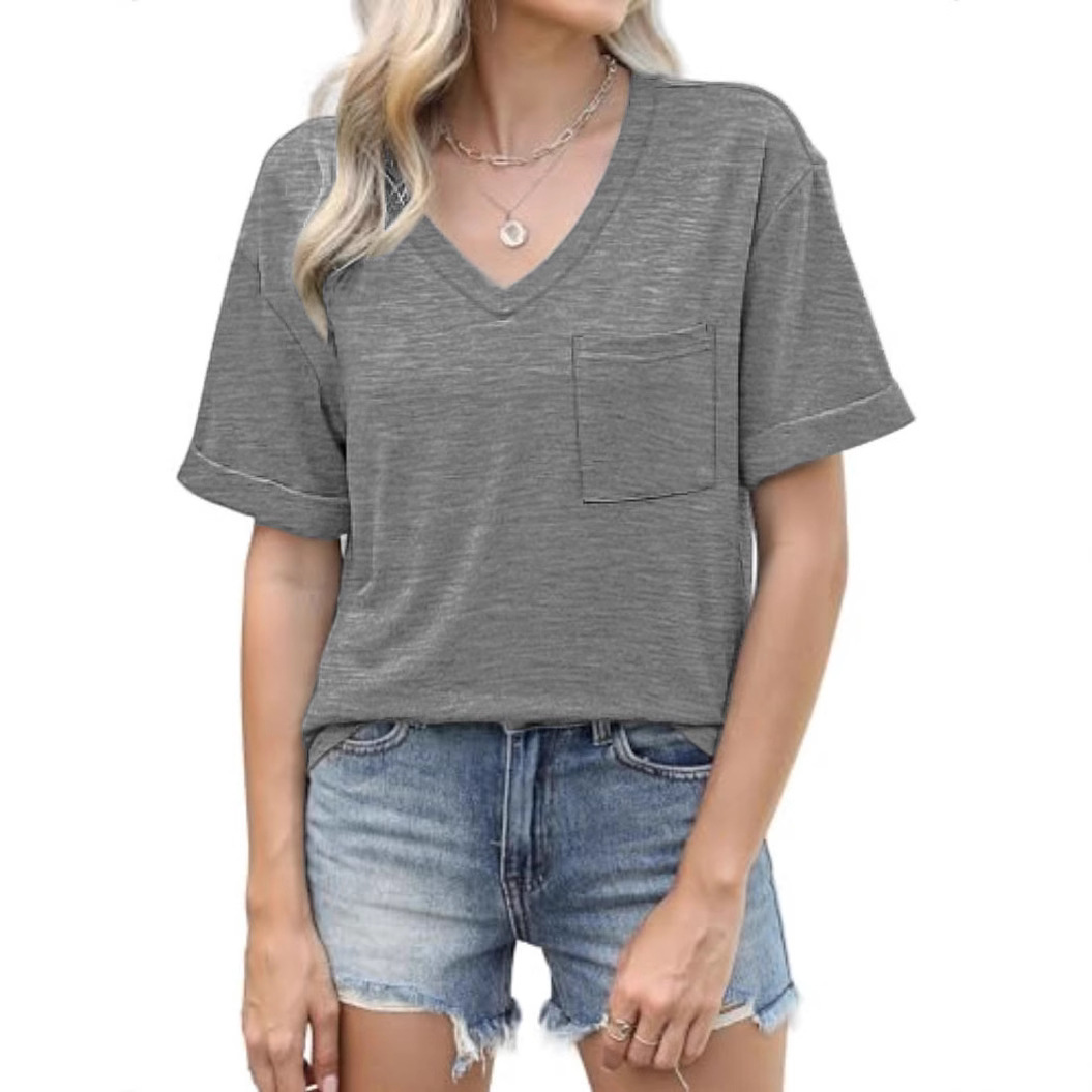 Women's Loose V-Neck Short Sleeve Pocket Solid T-Shirt