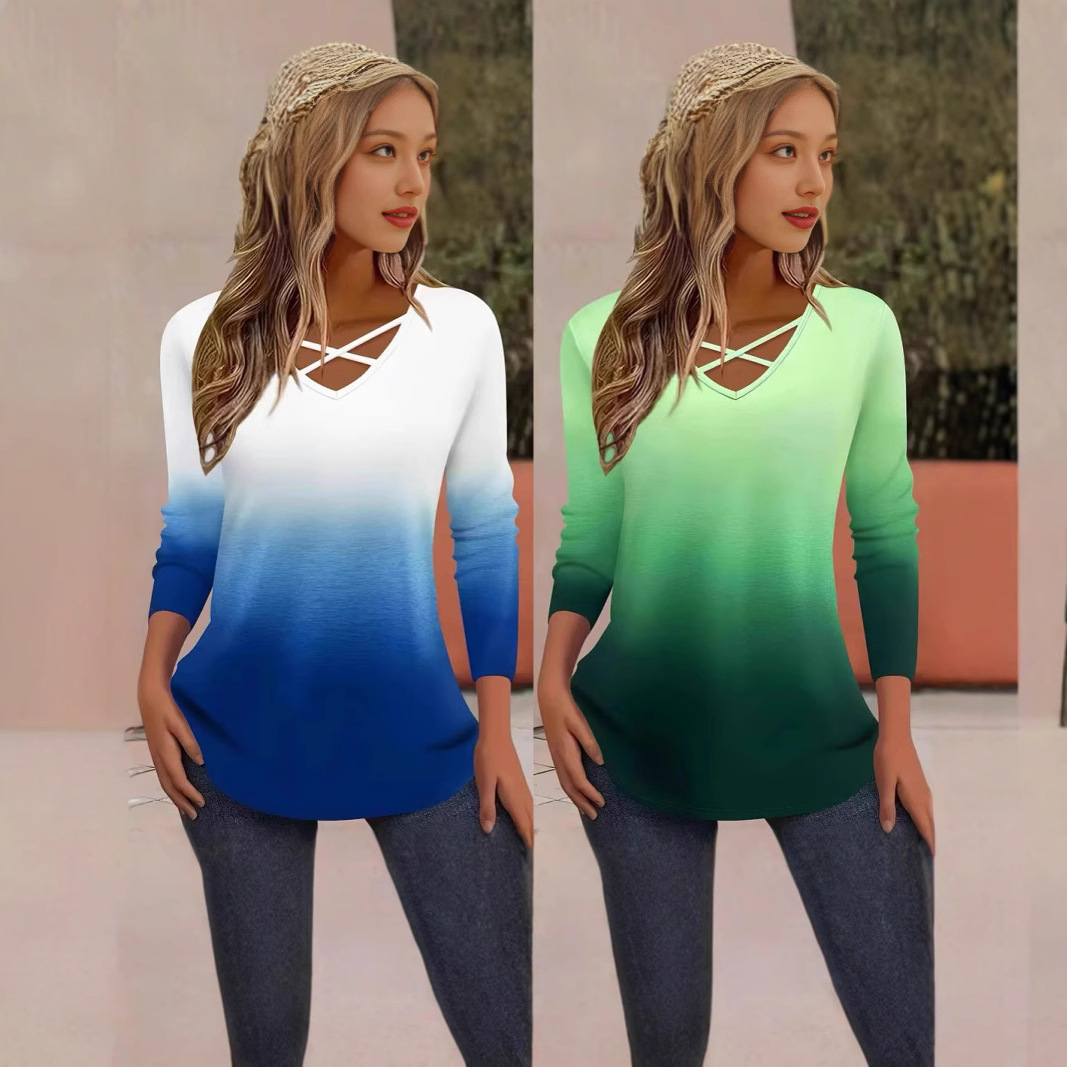 Women's V-Neck Cross-Strap Gradient Long-Sleeve T-Shirt