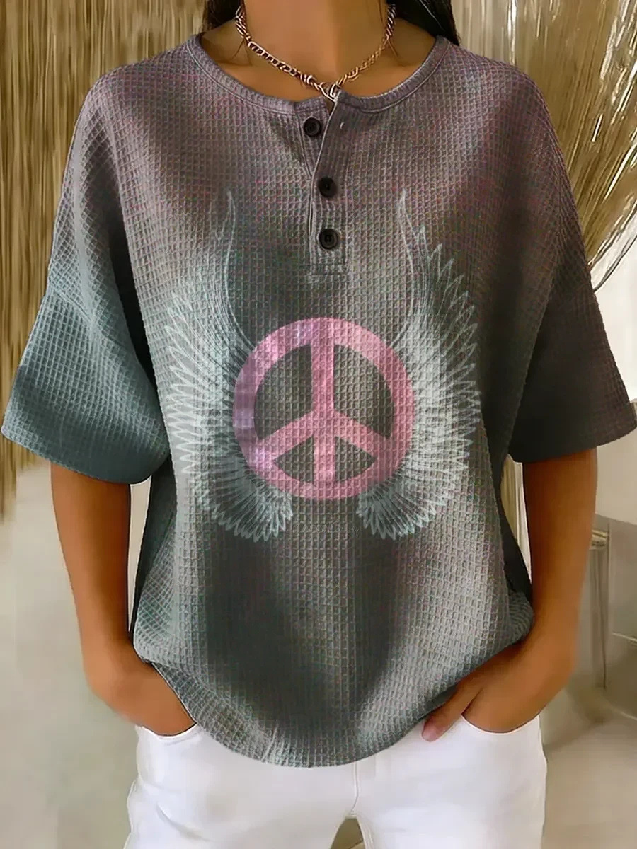 Floral Plaid Print Crewneck Short Sleeve Button Top
