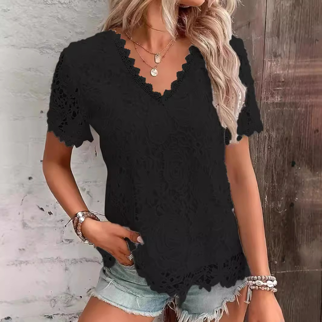 Women's Lace Trim Short Sleeve V-Neck T-Shirt