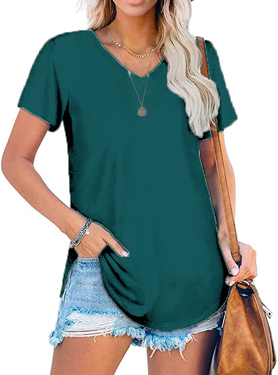 Women's V-Neck Knit Short Sleeve T-Shirt Loose Plus Size Solid Color Top