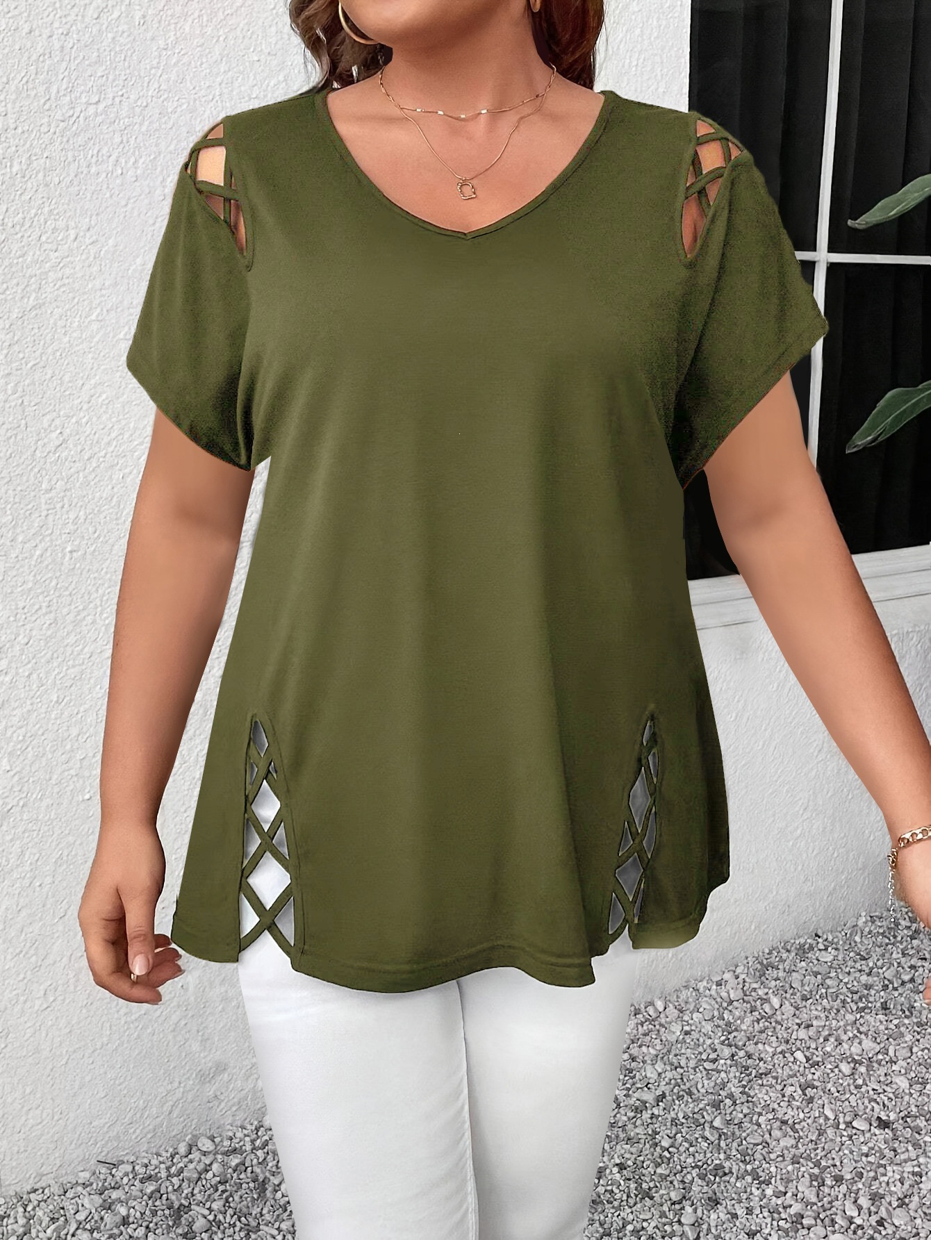 Women's Solid Short Sleeve Cross-Strap Detail T-Shirt