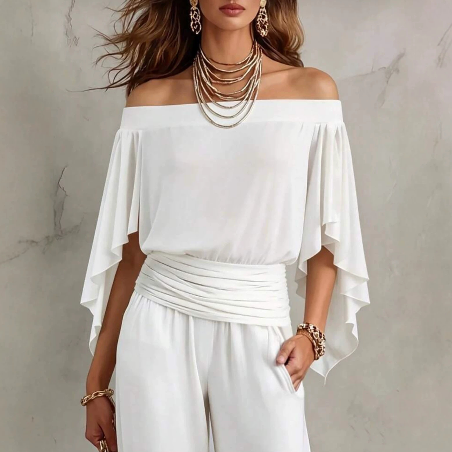 Women's Elegant Solid Color T-Shirt with Flare Sleeves and Off-Shoulder Neckline