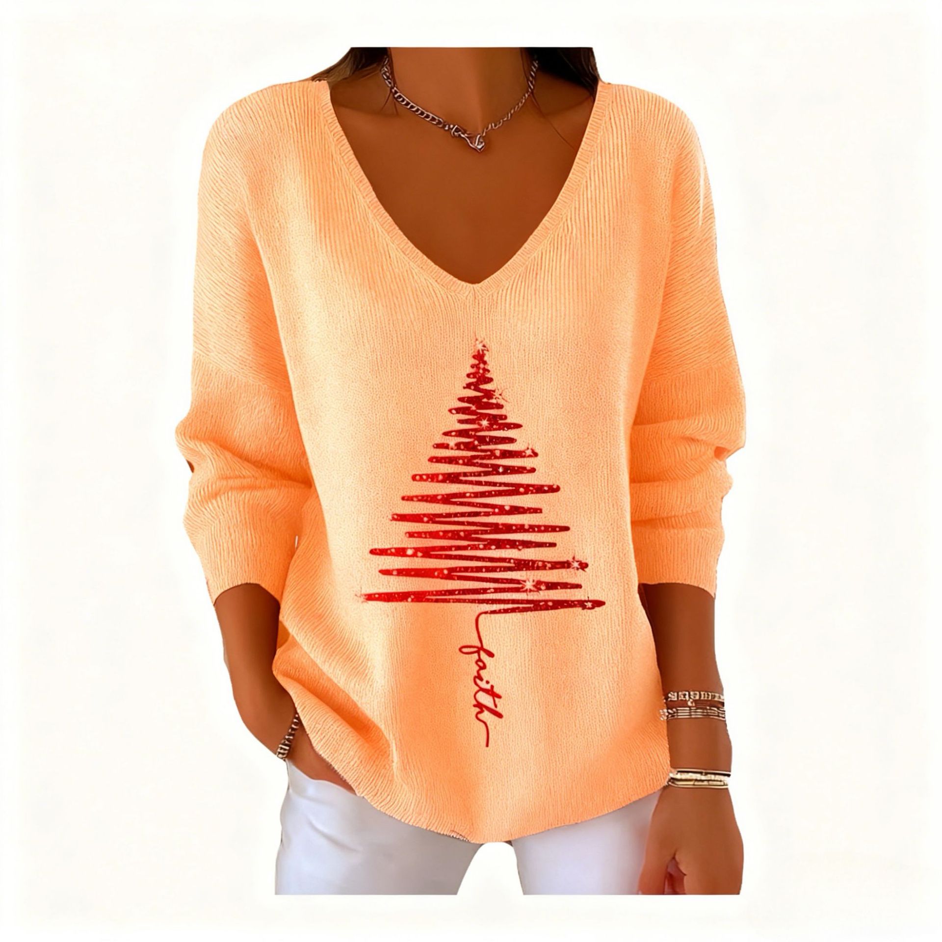 Women's V-Neck Long Sleeve Book & Christmas Tree Print T-Shirt