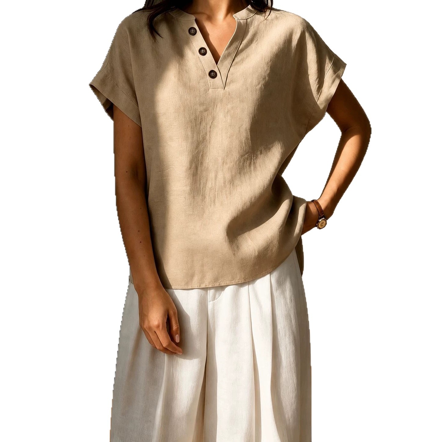 2026 New Cross-Border Women's Fashion Foreign Trade European and American Cotton-Linen High-End Feel Women's V-Neck Button Short-Sleeve Solid Color Shirt