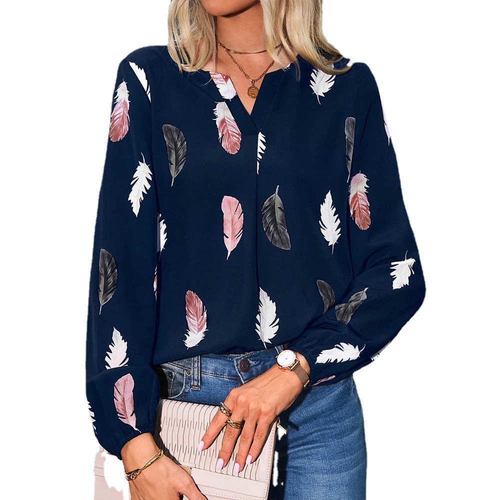 Women's V-Neck Feather Print Long Sleeve Loose T-Shirt Top