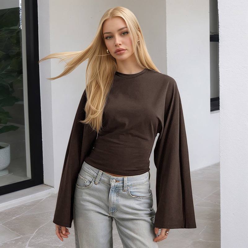 Women's Solid Crewneck Long Sleeve Cinched Waist Casual Top