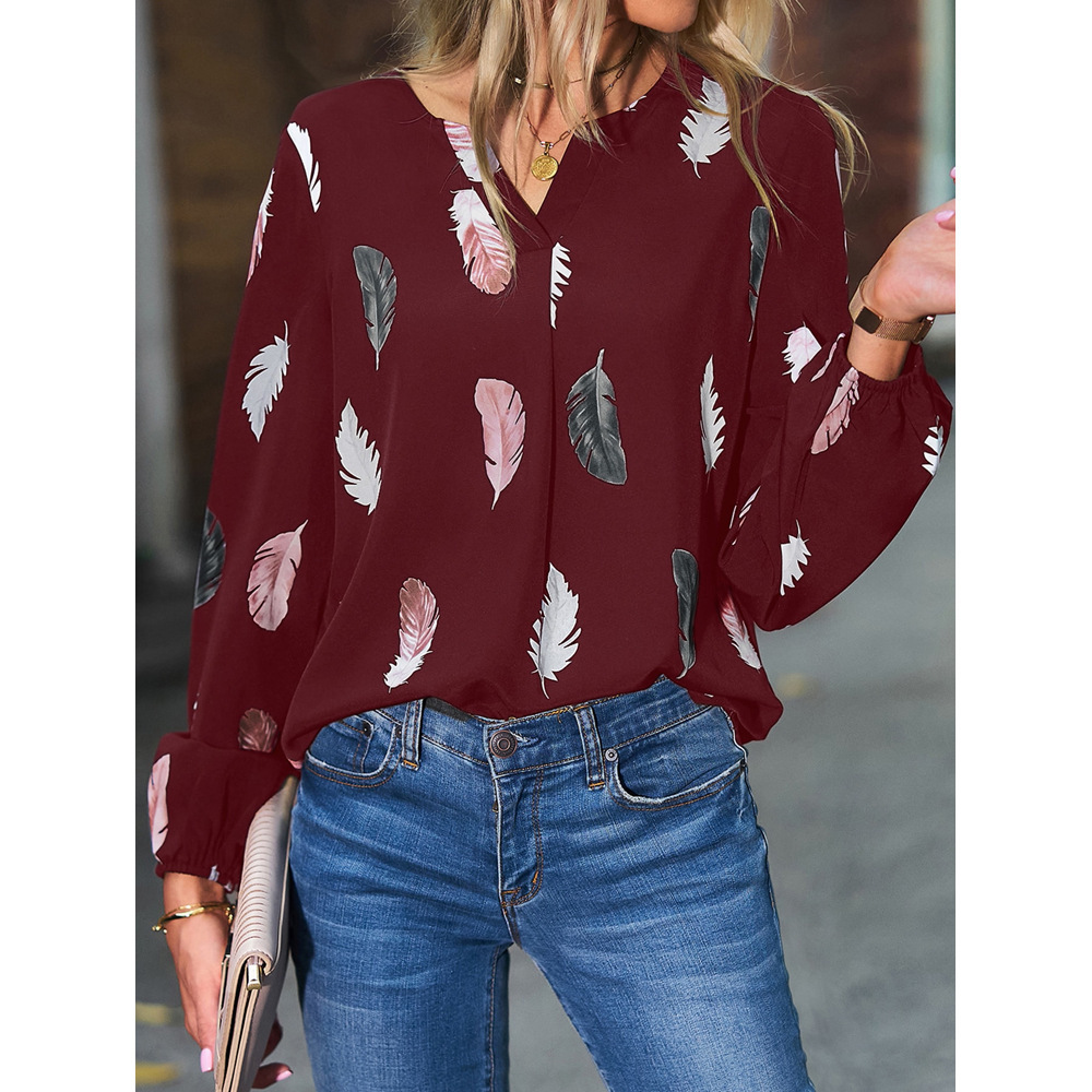 Women's V-Neck Feather Print Long Sleeve Loose T-Shirt Top