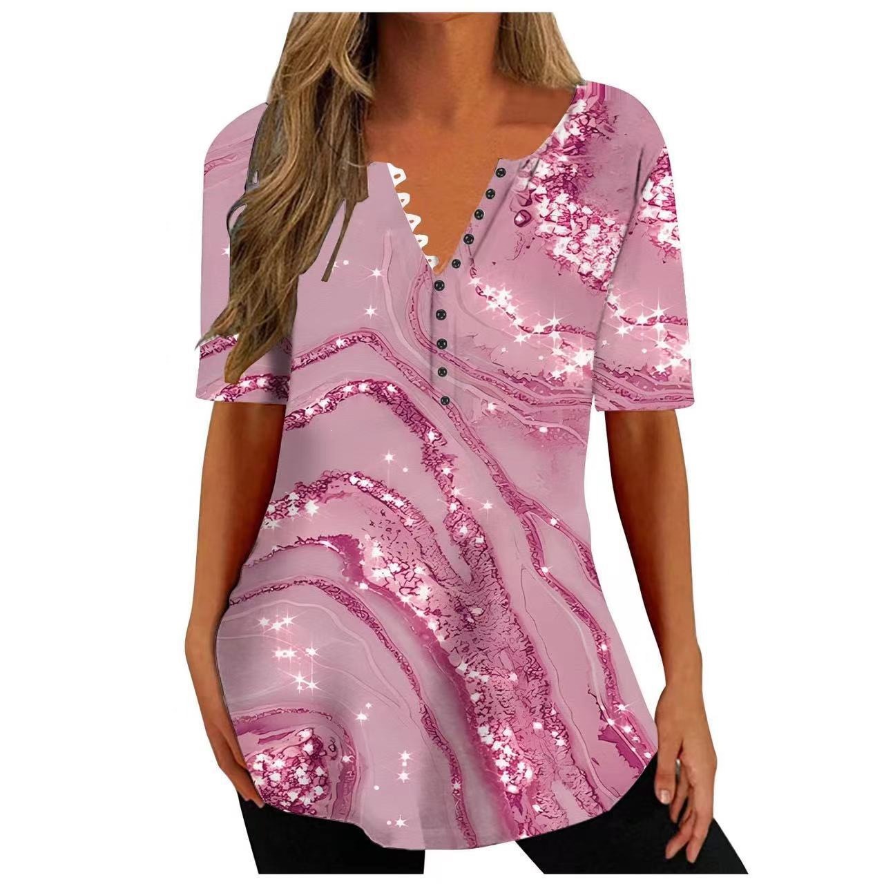 Women's Loose V-Neck Floral Print Pleated Button Short Sleeve Shirt