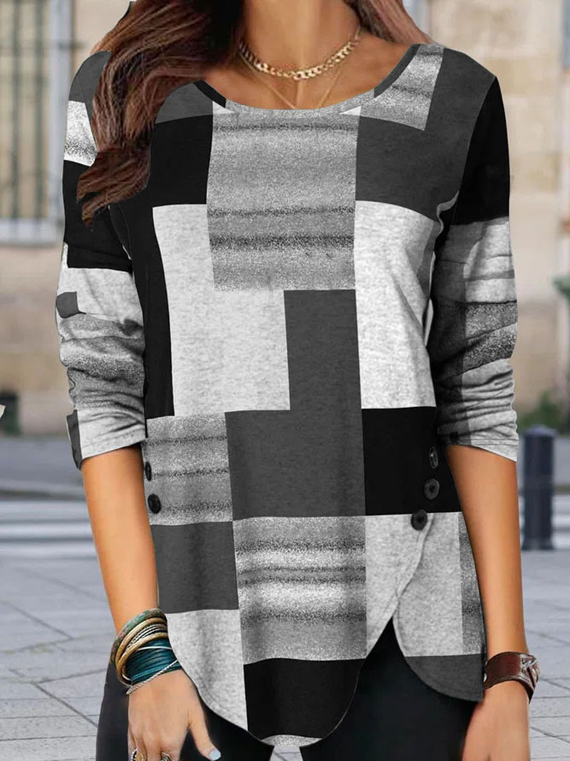 Women's Colorblock Print Long-Sleeve Crewneck Pullover T-Shirt