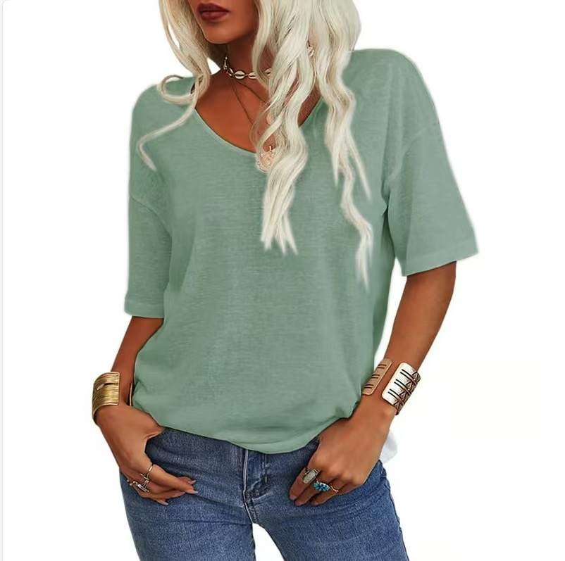 Women's V-Neck Short Sleeve Loose Fit T-Shirt Casual Solid Color Basic Top