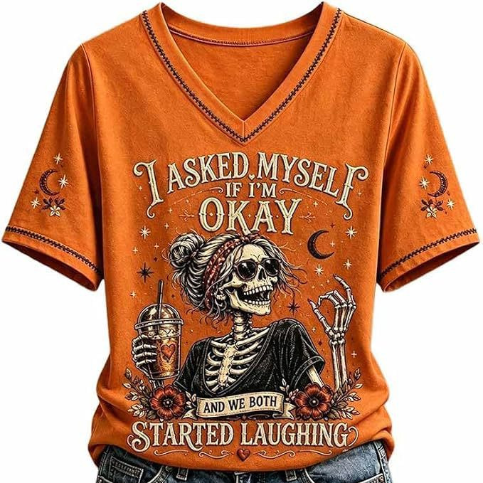 Skull Goblet Letter Print V-Neck Short Sleeve Women's T-Shirt