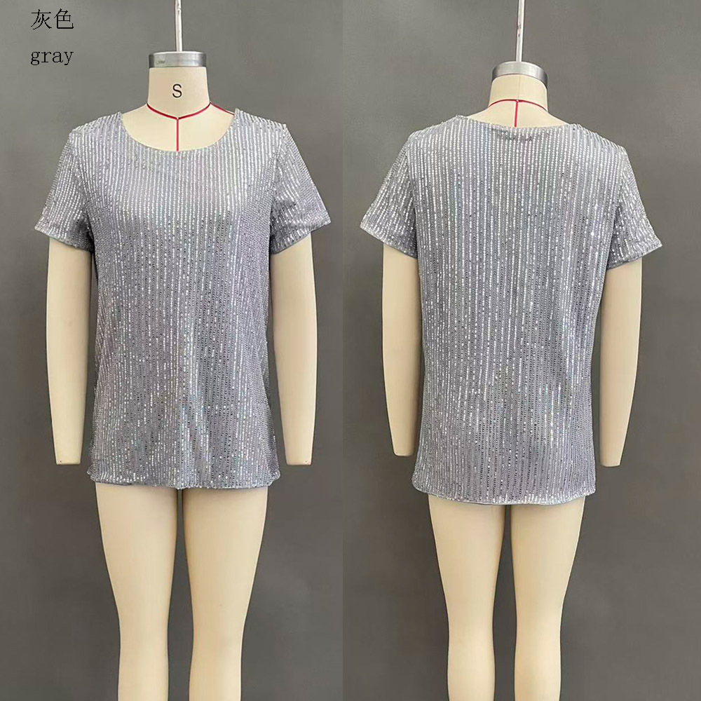 Women's Sequin Loose Crewneck Short Sleeve Top