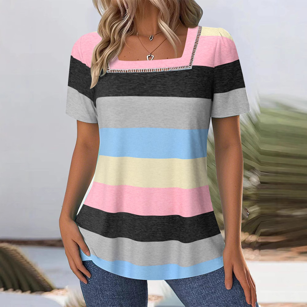 Women's Color-Block Striped Short-Sleeve Slim Fit T-Shirt