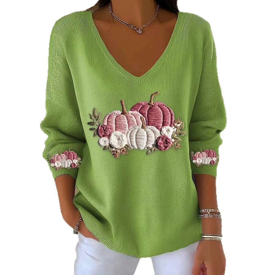 Pumpkin Print V-Neck Long Sleeve Women's Top