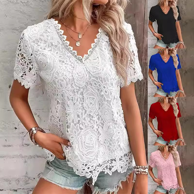Women's Lace Trim Short Sleeve V-Neck T-Shirt