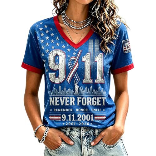 Twin Towers Anniversary Print V-Neck Short Sleeve Women's T-Shirt