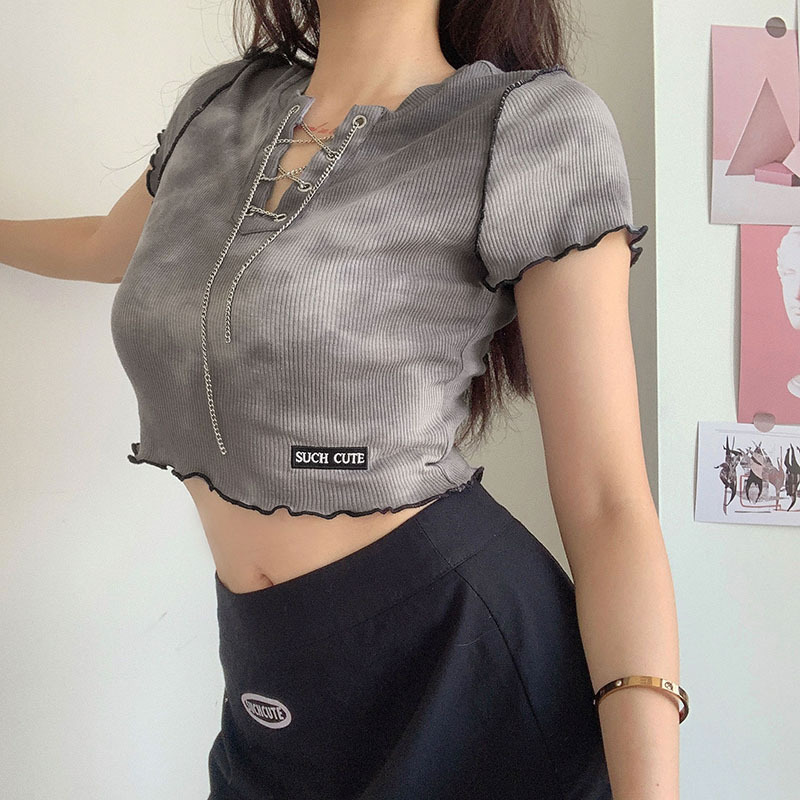 Sexy Tie-Dye V-Neck Chain Fitted Short-Sleeve Top