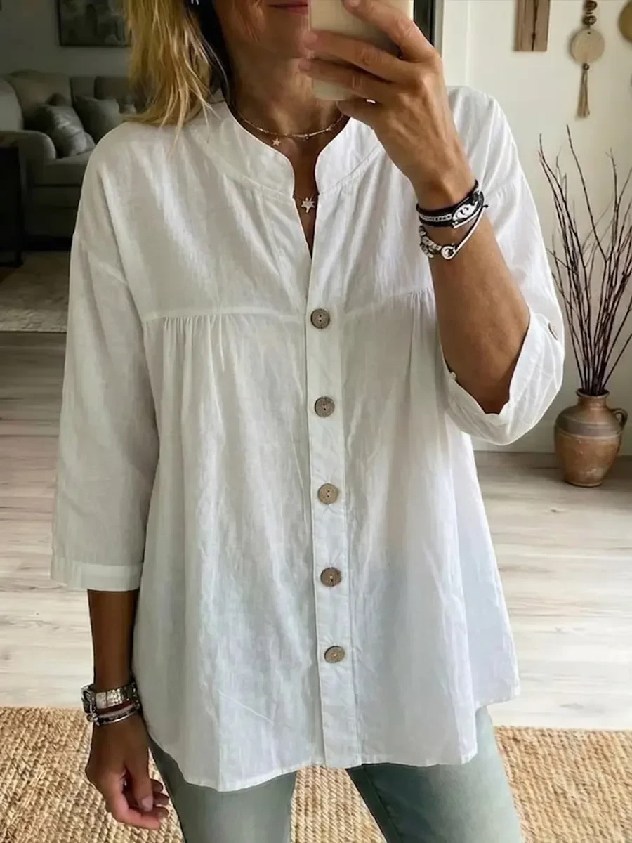 Women's Cotton-Linen Shirt Casual Vintage Solid Color 3/4 Sleeve Top