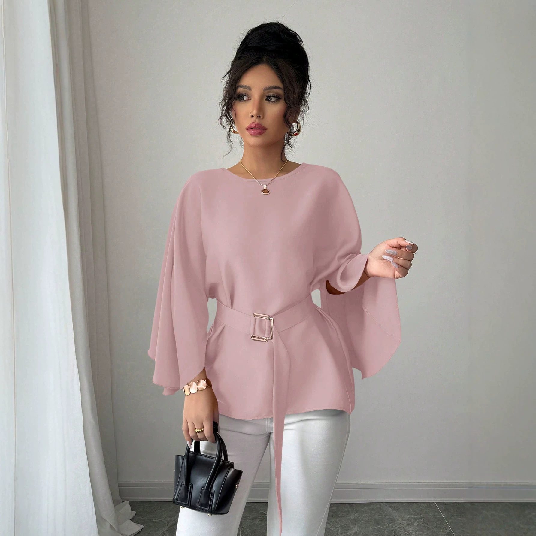 French Vintage Ruffle Sleeve Round Neck Slimming Top