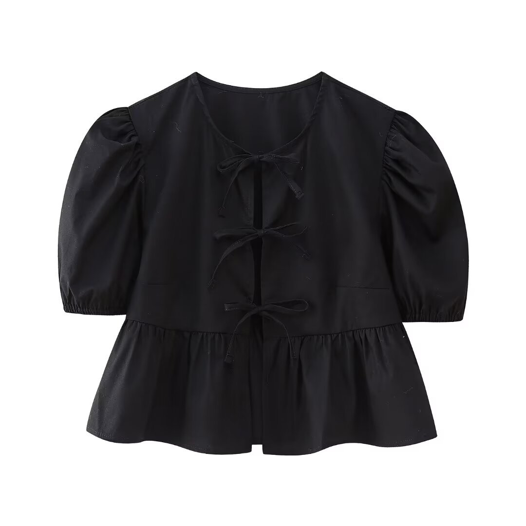 Women's Tie-Front Puff Sleeve Top