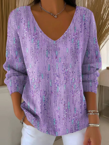 Maple Leaf Print V-Neck Long Sleeve T-Shirt