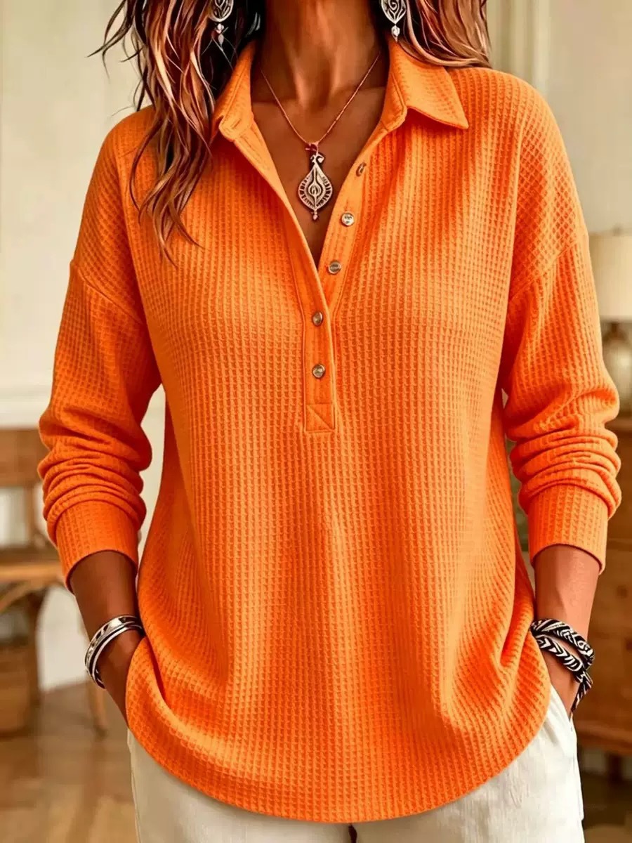 Women's Waffle Knit Collared Long Sleeve T-Shirt Loose Casual Pullover Top