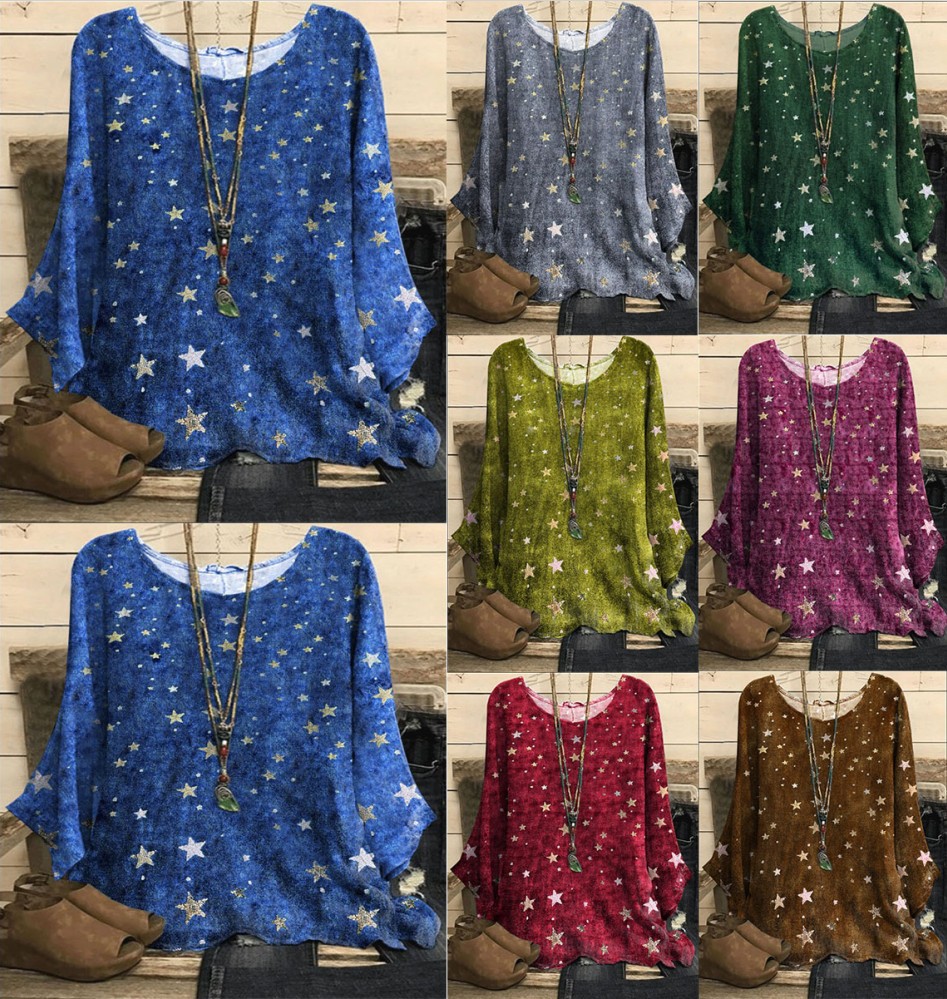 Cotton-Linen Print Round Neck Loose Vintage Top