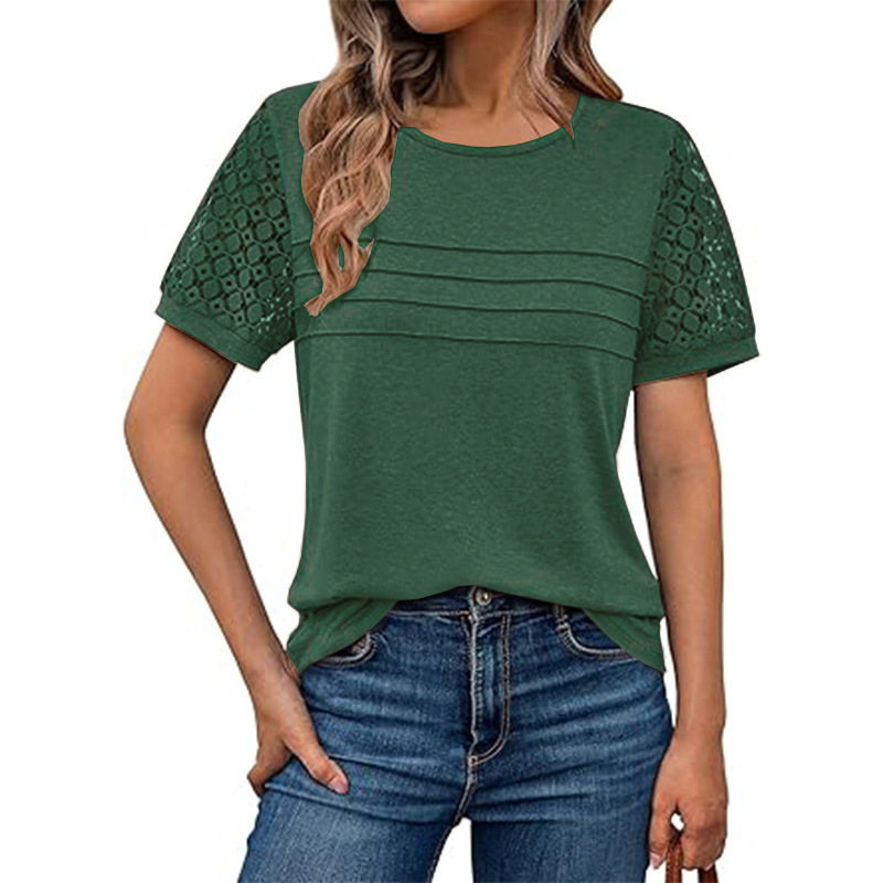 Women's Hollow-Out Round Neck Short Sleeve Lace Panel Loose T-Shirt