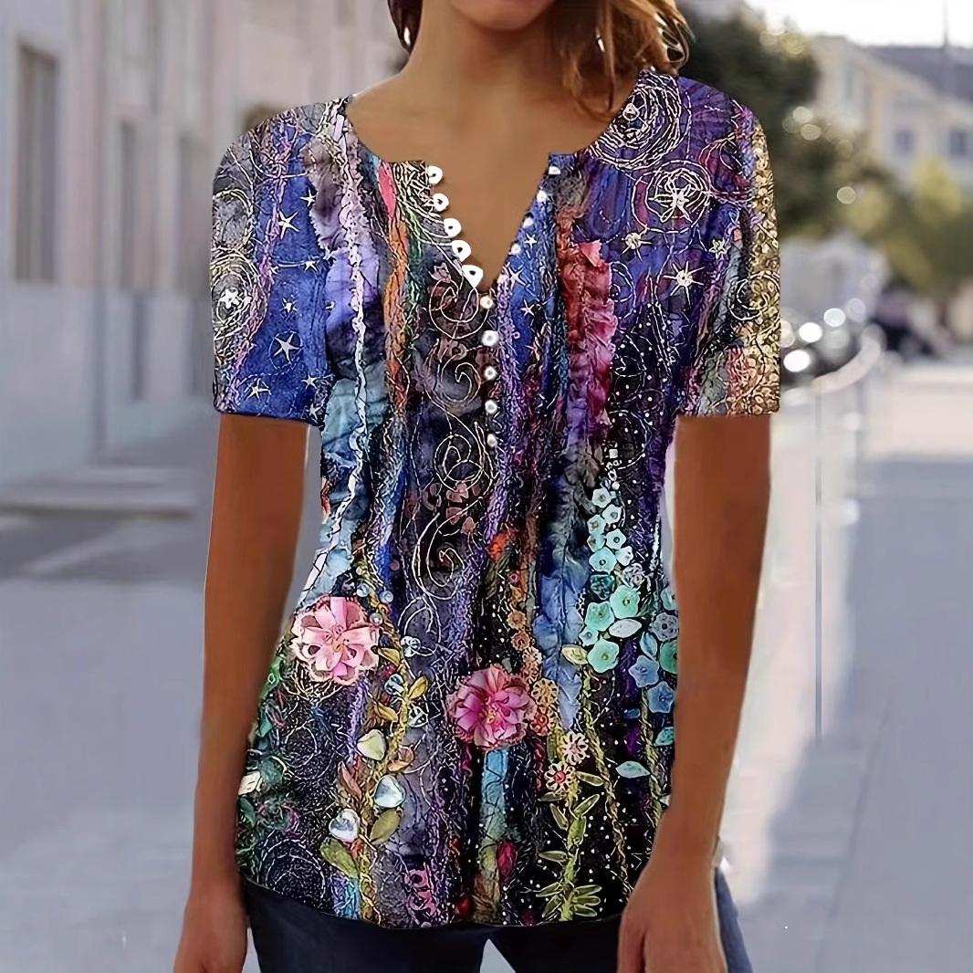 Floral Print V-Neck Button Short-Sleeve T-Shirt