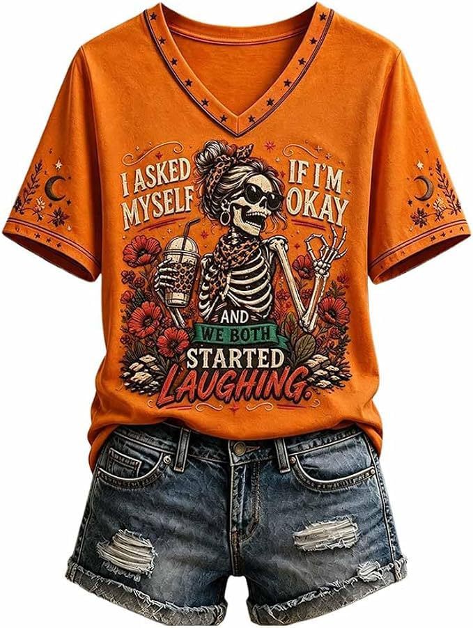 Skull Goblet Letter Print V-Neck Short Sleeve Women's T-Shirt