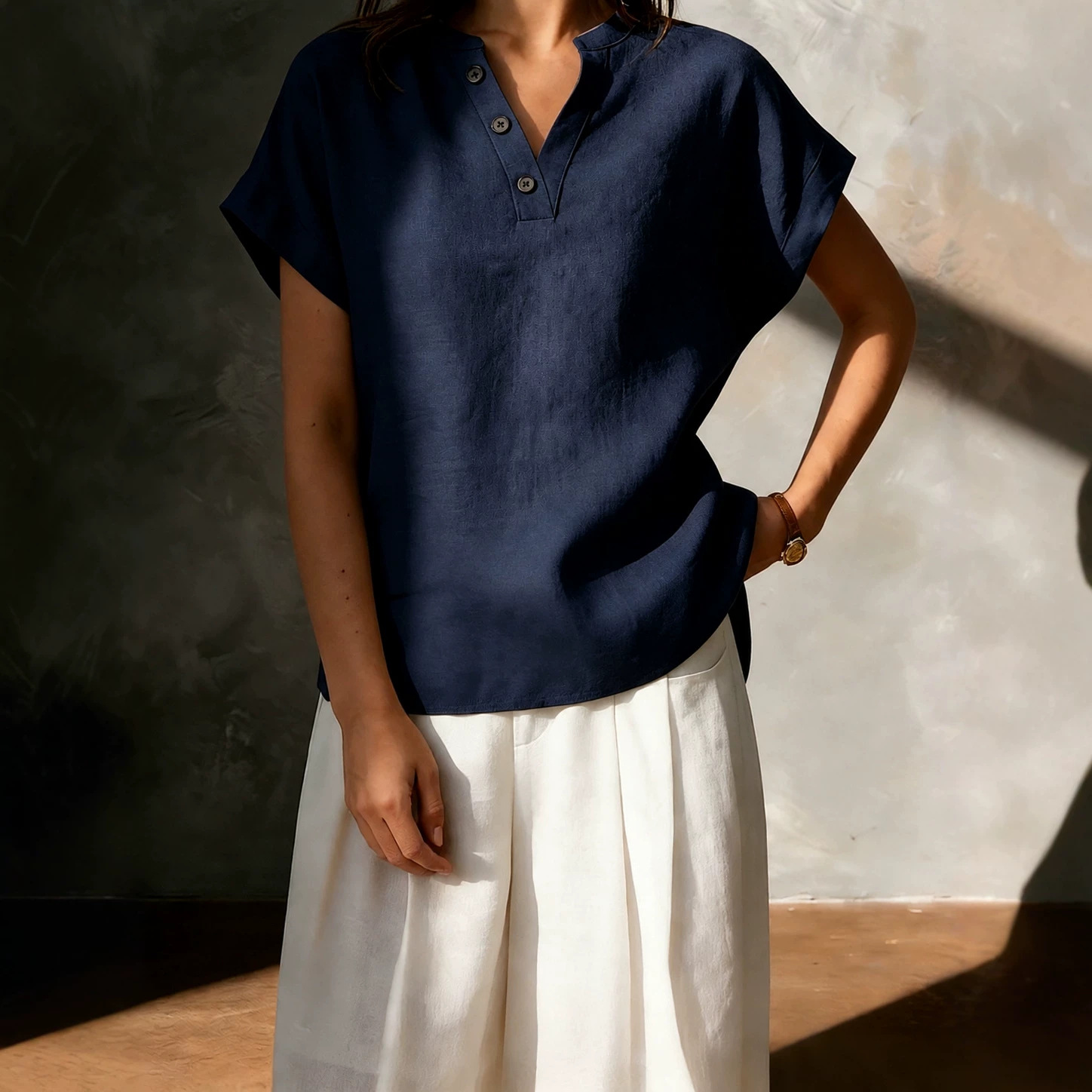 2026 New Cross-Border Women's Fashion Foreign Trade European and American Cotton-Linen High-End Feel Women's V-Neck Button Short-Sleeve Solid Color Shirt