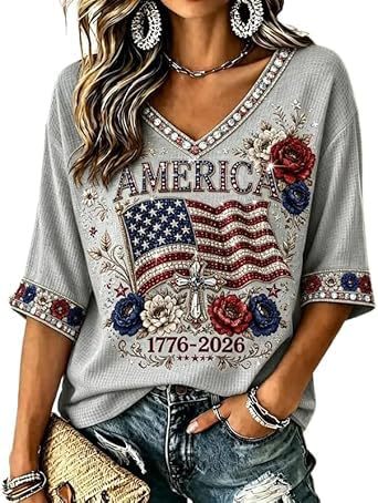 Women's American Flag Firework Print V-Neck Short Sleeve T-Shirt