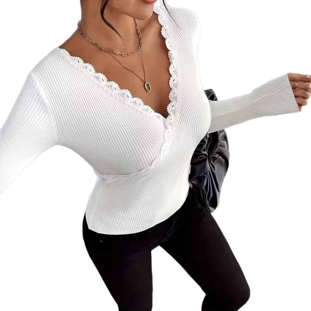 Women's V-Neck Lace Trim Long Sleeve Knit Top