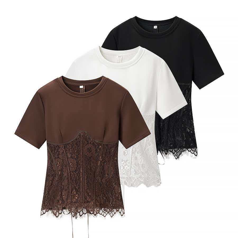 Women's Summer Round Neck Lace Spliced T-Shirt