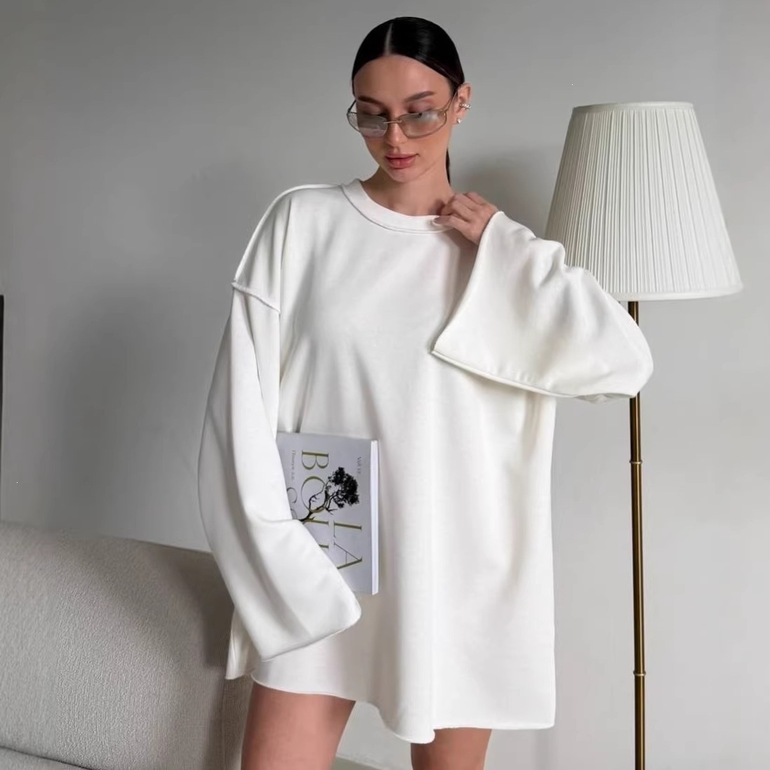 Women's Oversized Midi Sweatshirt Dress Long Sleeve Crew Neck Solid Color