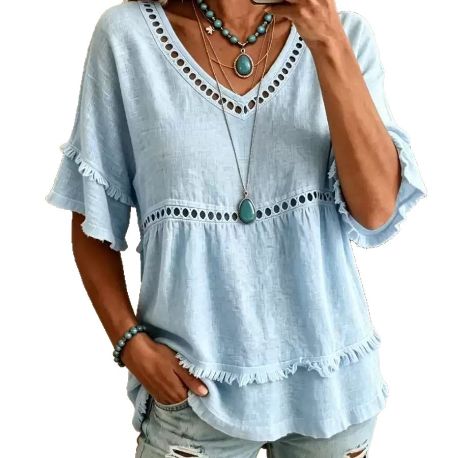 Women's Loose Fit V-Neck Mid-Sleeve T-Shirt