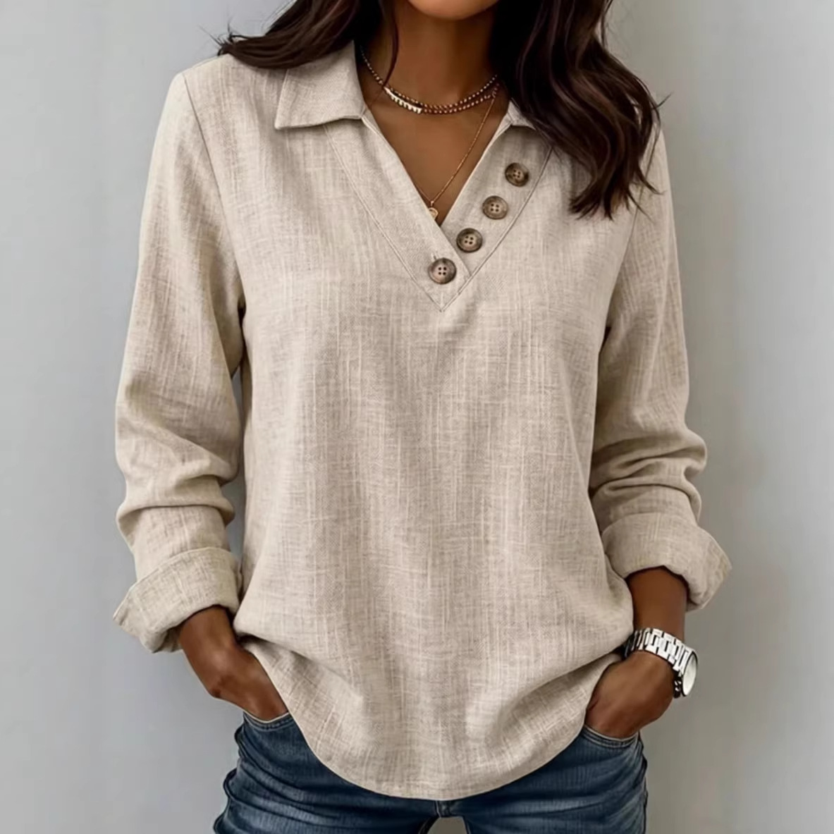 Women's Casual V-Neck Long-Sleeve T-Shirt