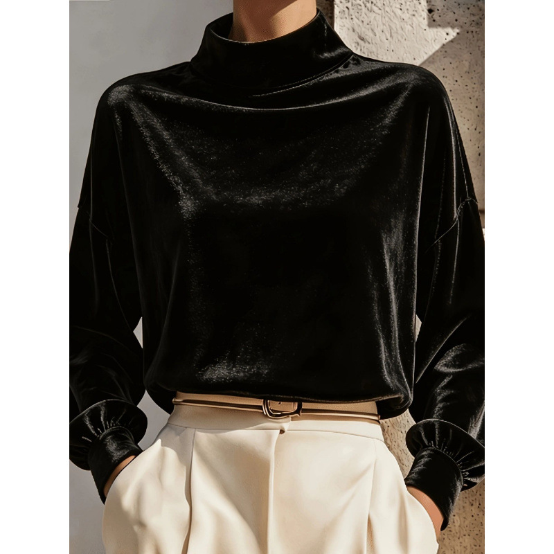 Velvet Mock Neck Long Sleeve Loose Fit Top