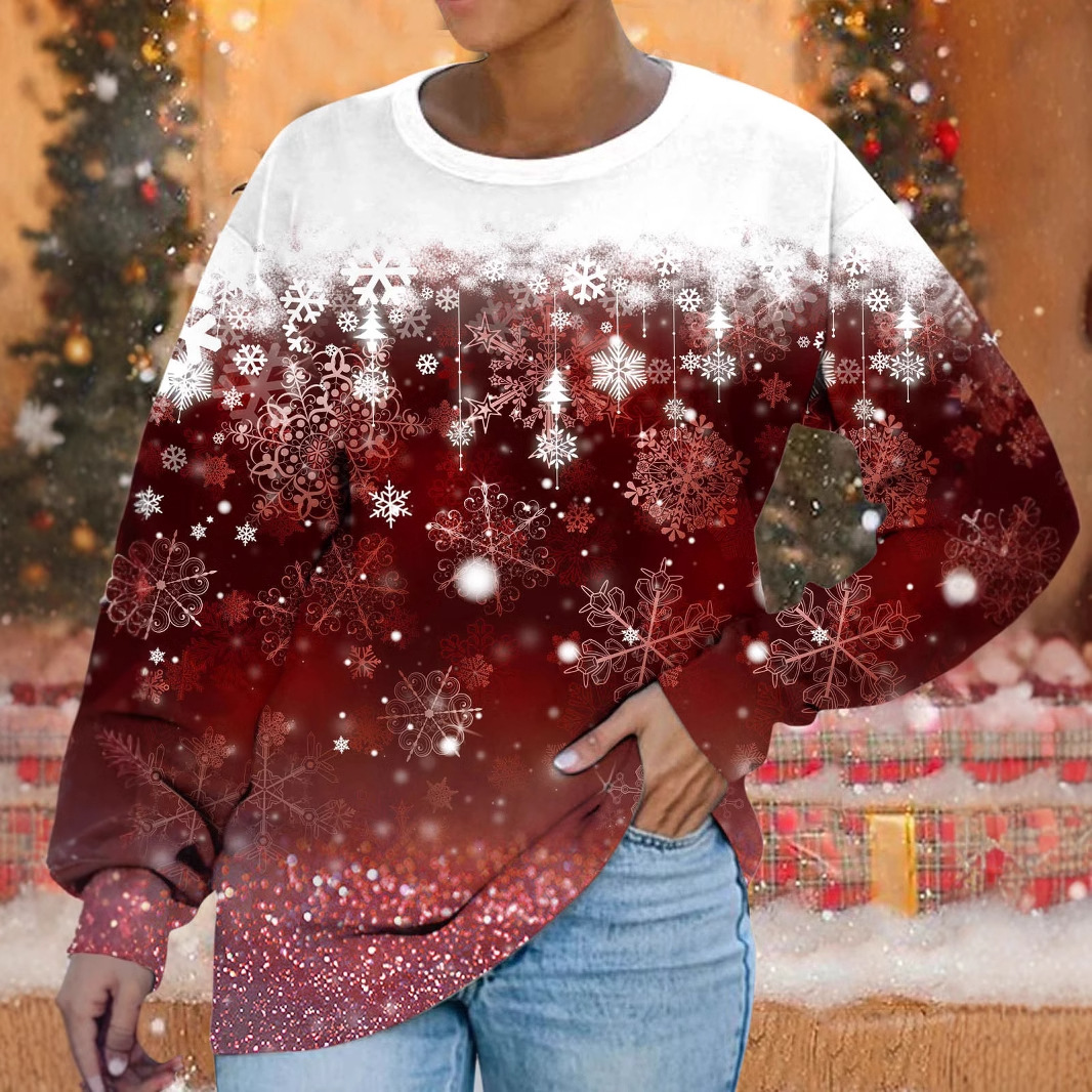 Christmas Snowflake Print Loose Crewneck Sweatshirt