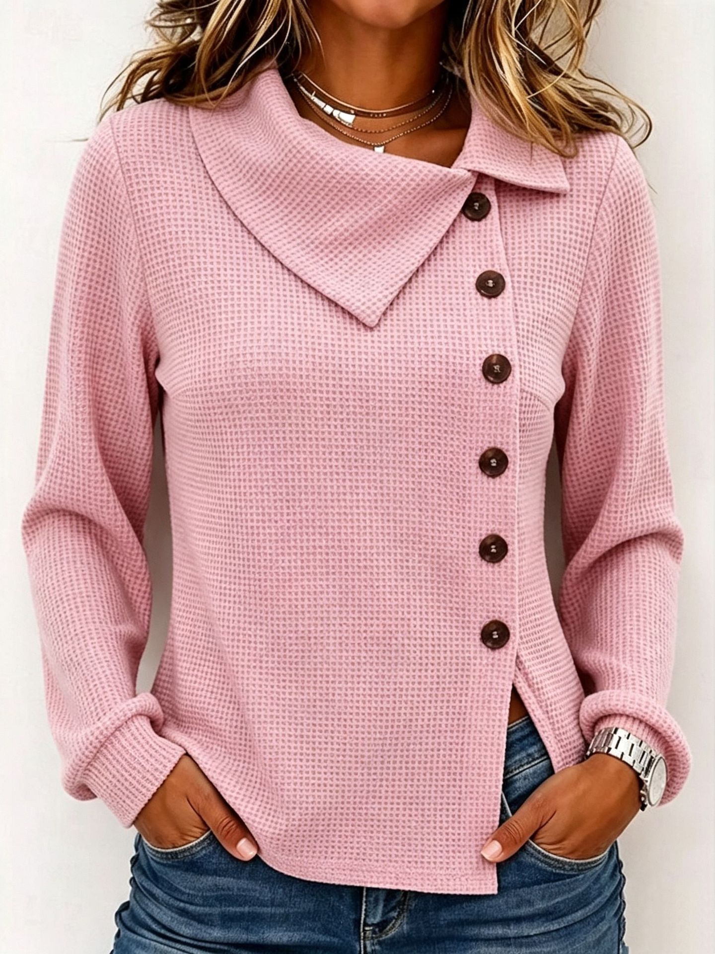 Women's Waffle Knit Button-Front Long-Sleeve Top with Asymmetric Collar