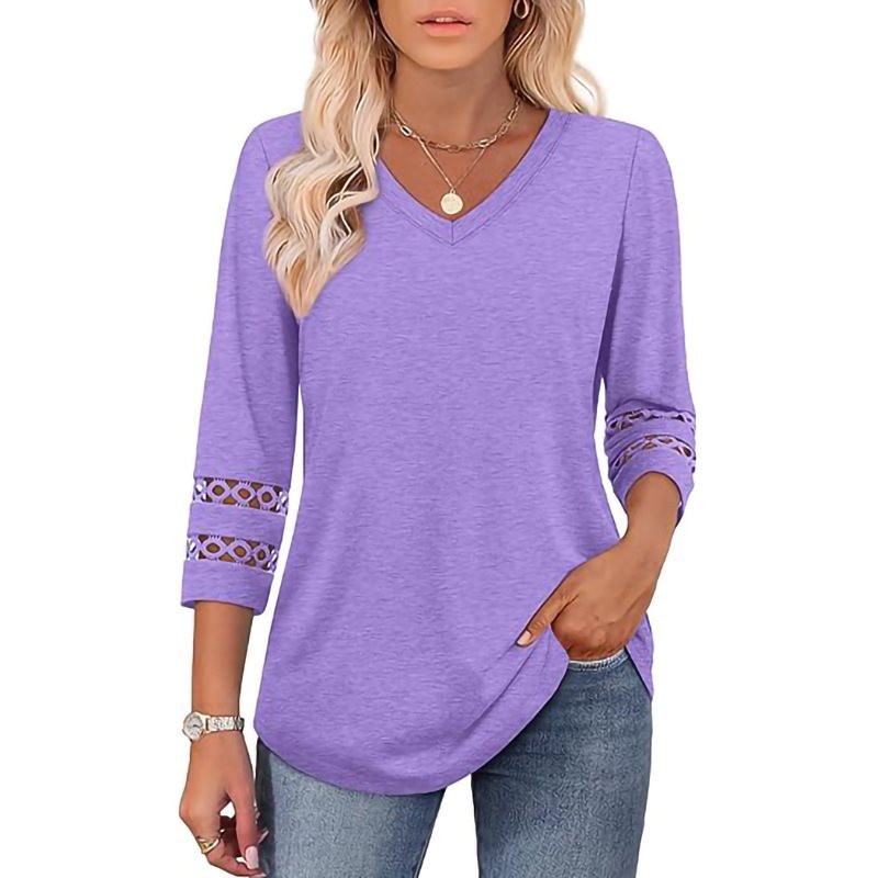 Women's Solid Loose V-Neck Hollow Out Casual Top