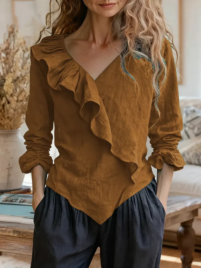 Women's Solid V-Neck Long Sleeve Ruffle Cotton-Linen Top