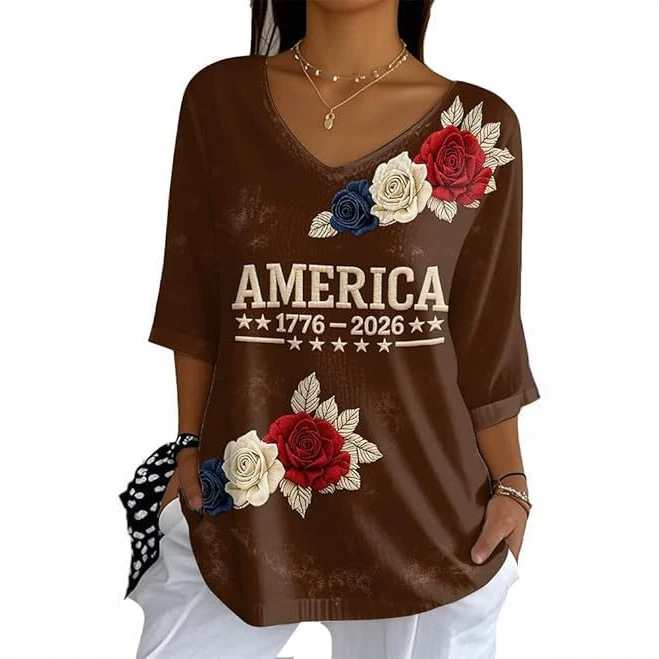 Floral Letter Print V-Neck Half-Sleeve Women's T-Shirt
