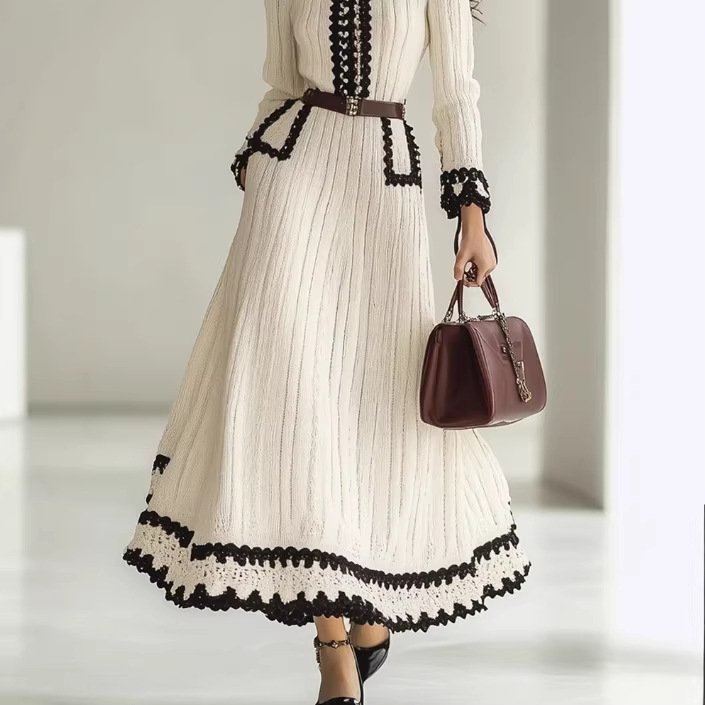Retro Colorblock Knit Long Sleeve Dress